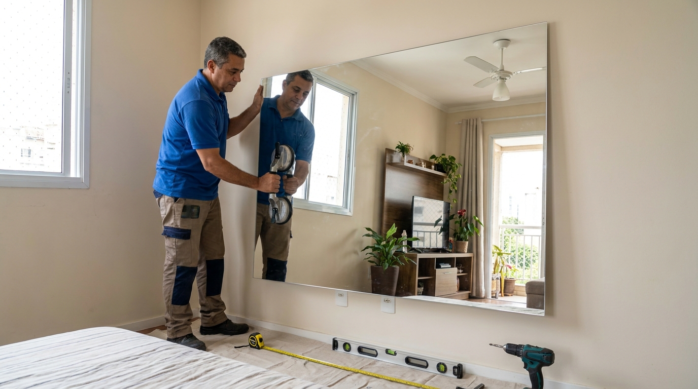 Espelho gigante instalado no quarto em Mogi das Cruzes-SP