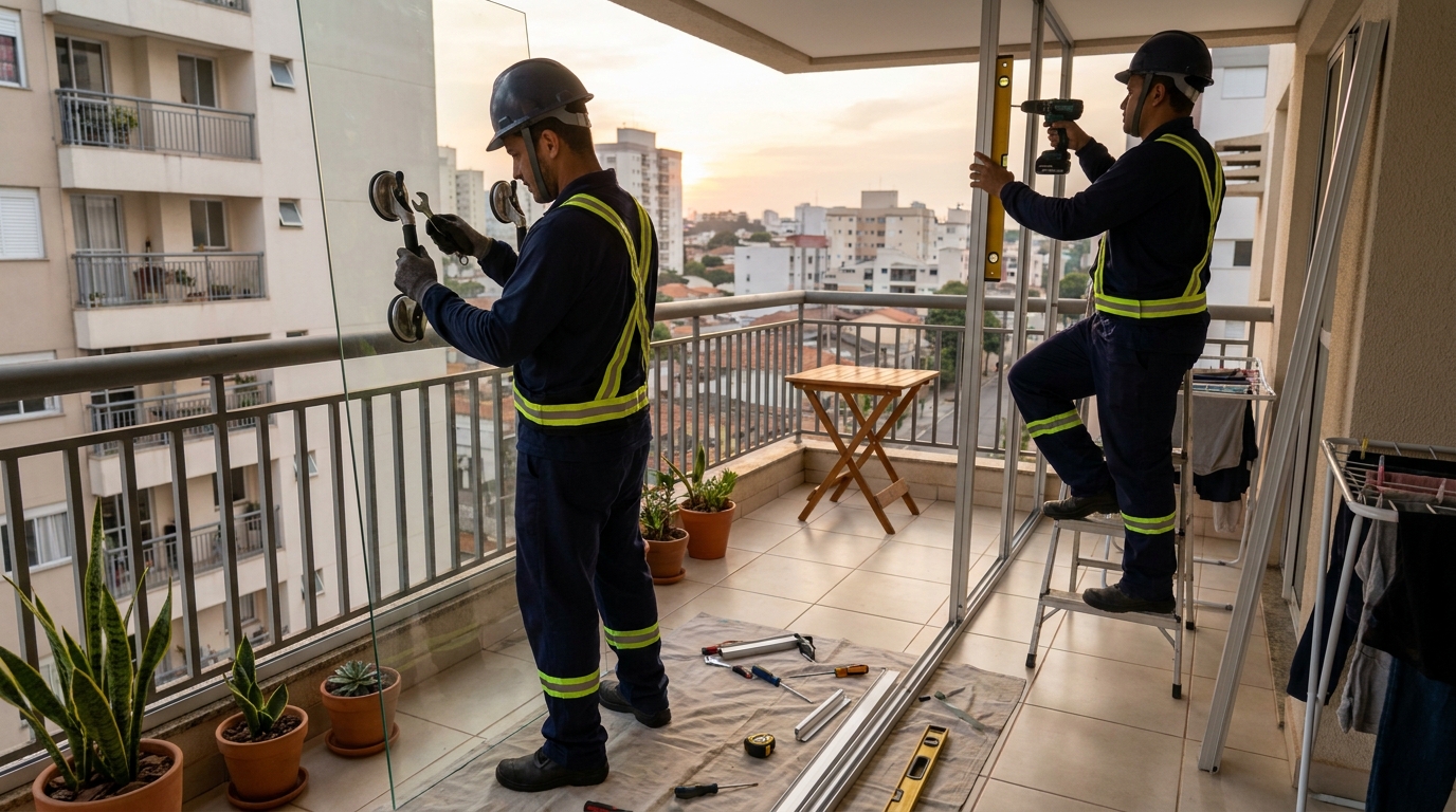 Instalação de parede de vidro em sacada em Mogi das Cruzes-SP